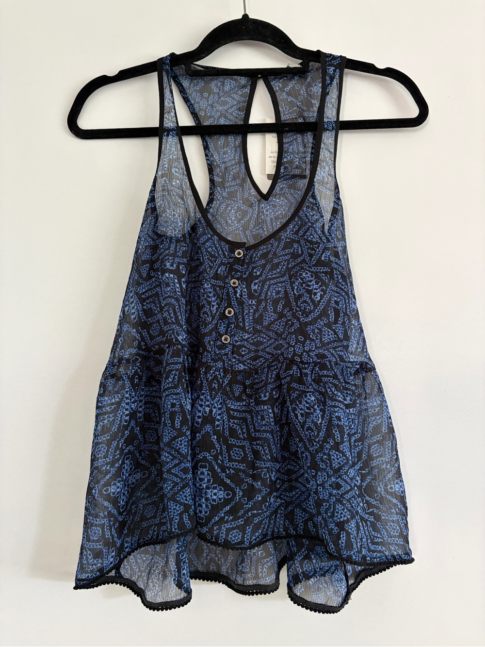 Brand New Sheer Navy Blue Patterned Sleeveless Tank Top